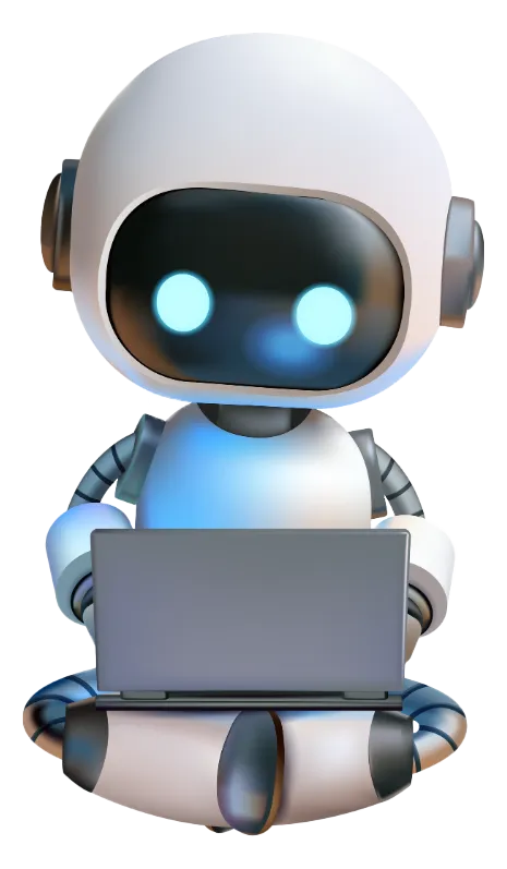 Robot mascot holding laptop with AI brain graphic
